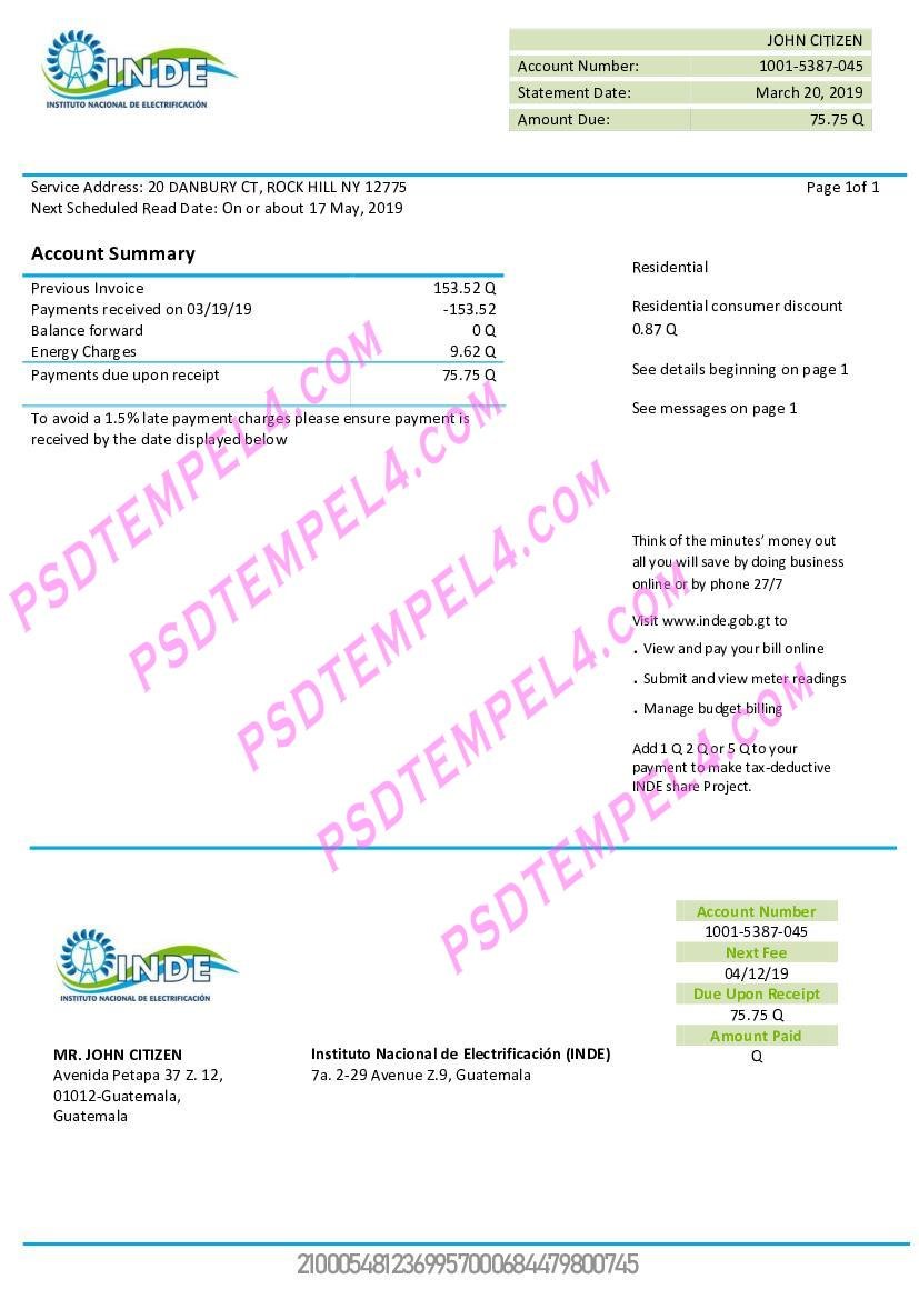 Guatemala INDE Instituto Nacional de Electrificacion electricity utility bill