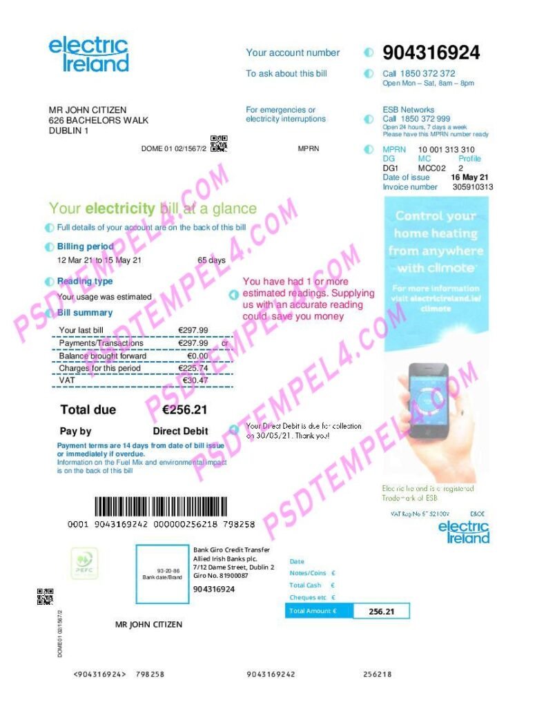 Ireland Electric Ireland utility bill