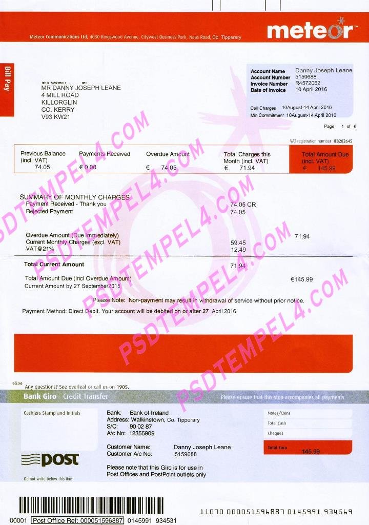 Ireland Meteor utility bill