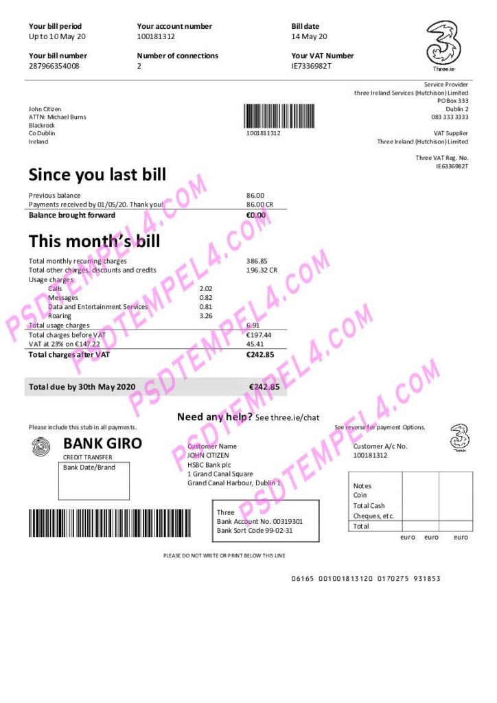 Ireland Three.ie utility bill