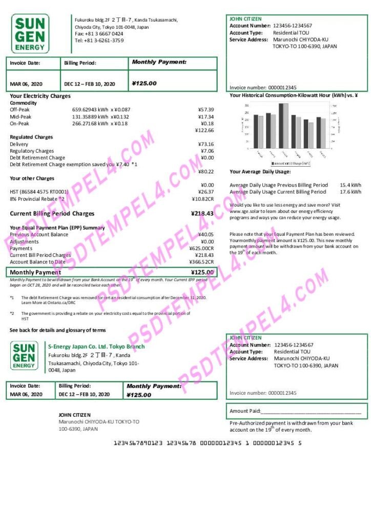Japan Sun Gen S-Energy Ltd. Tokyo Branch utility bill