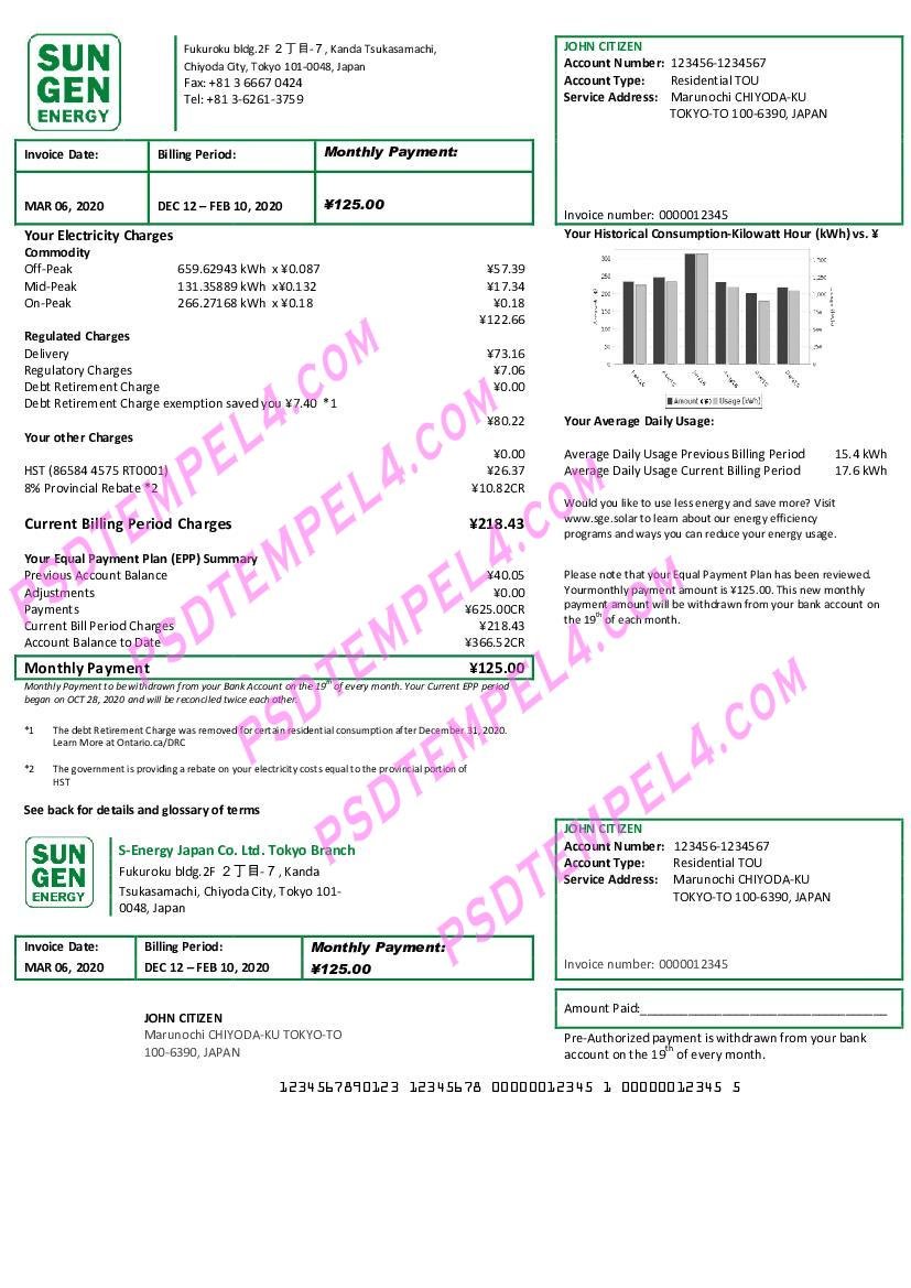 Japan Sun Gen S-Energy Ltd. Tokyo Branch utility bill