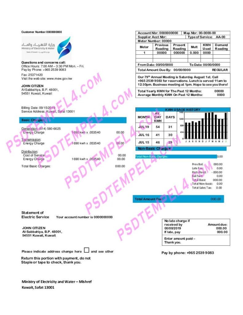 Kuwait Ministry of Electricity and Water utility bill