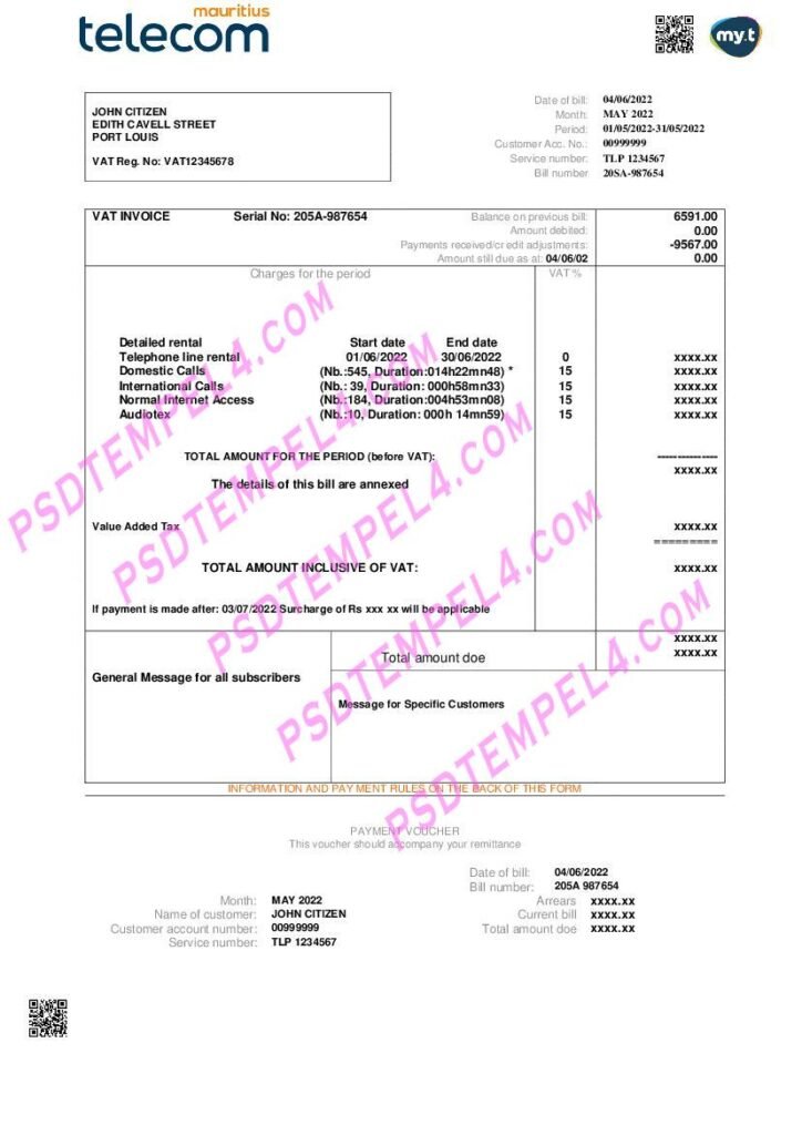 Mauritius Telecom Mauritius utility bill