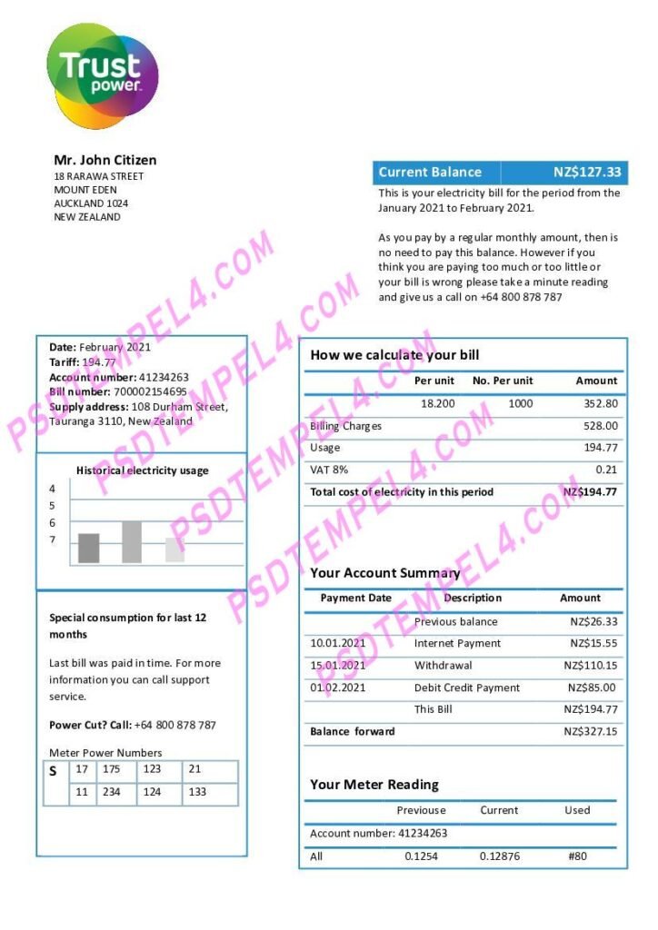 New Zealand Trustpower utility bill