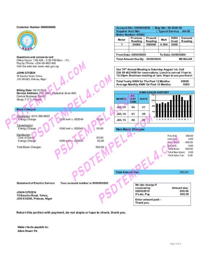 Nigeria nigerian electricity regulatory commission electricity utility bill