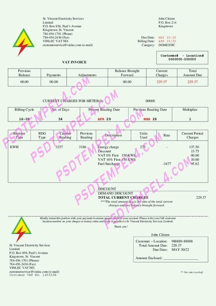 Saint Vincent and the Grenadines St utility bill. Vincent Electricity Services Limited