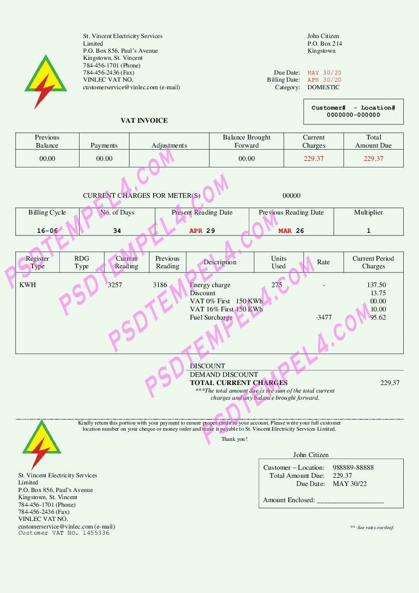 Saint Vincent and the Grenadines St utility bill. Vincent Electricity Services Limited