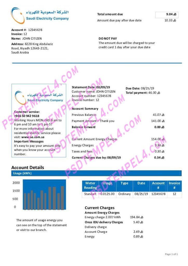 Saudi Arabia Saudi Electricity Company electricity utility bill
