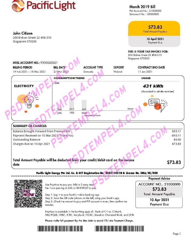 Singapore Pacific Light utility bill