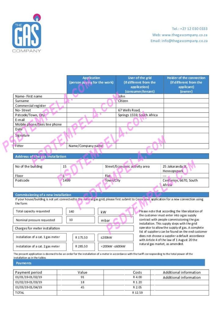 South Africa The GAS Company gas utility bill