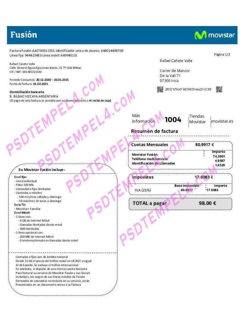 Spain Movistar Fusion telecom operator utility bill
