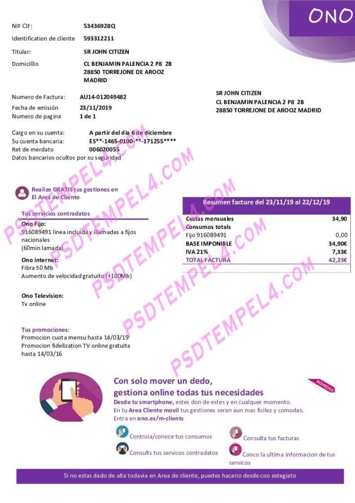 Spain ONO utility bill