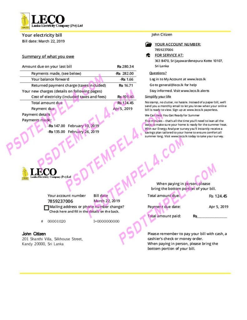 Sri lanka leco electricity utility bill