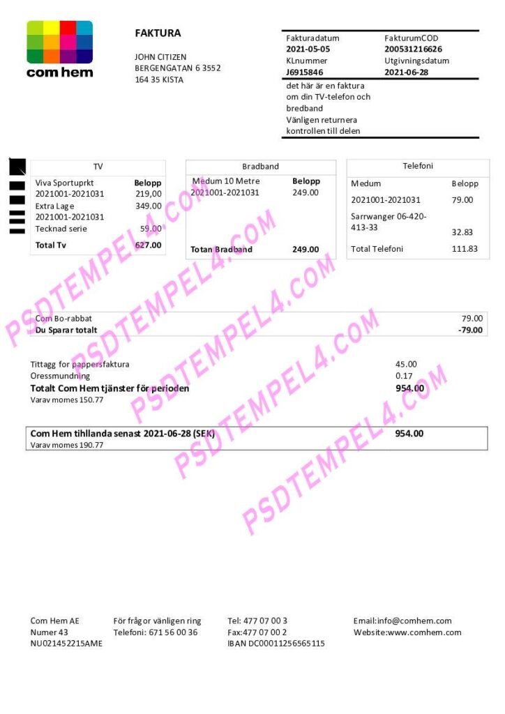Sweden Com Hem utility bill