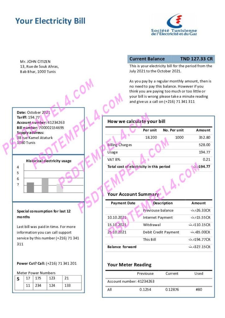 Tunisia electricity utility bill