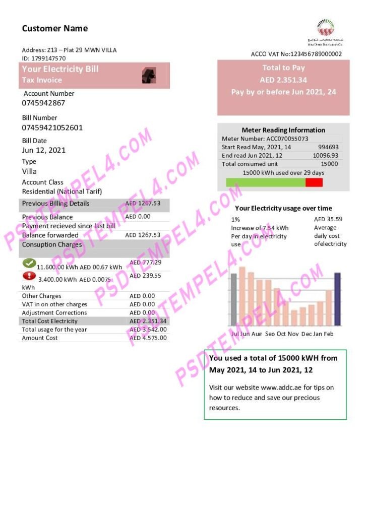 UAE United Arab Emirates Abu Dhabi Distribution electricity utility bill