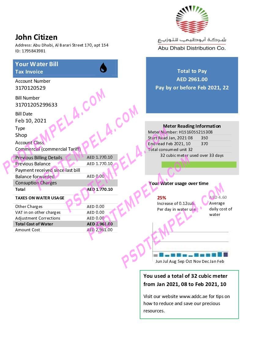 UAE United Arab Emirates Abu Dhabi Distribution water utility bill