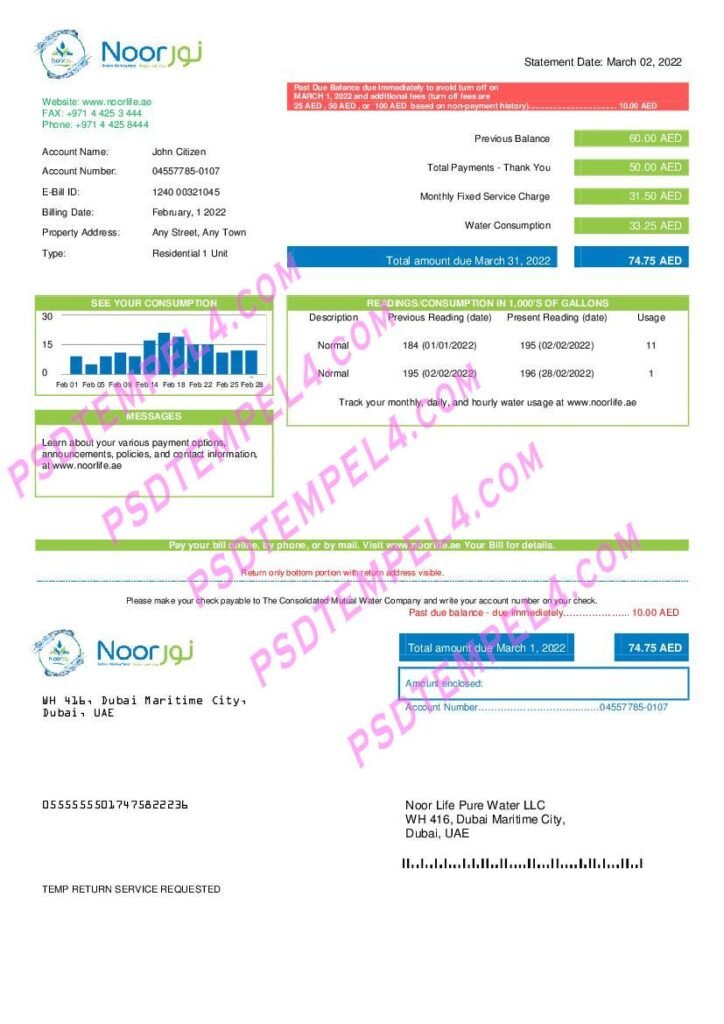UAE United Arab Emirates Noor Life Pure Water LLC utility bill