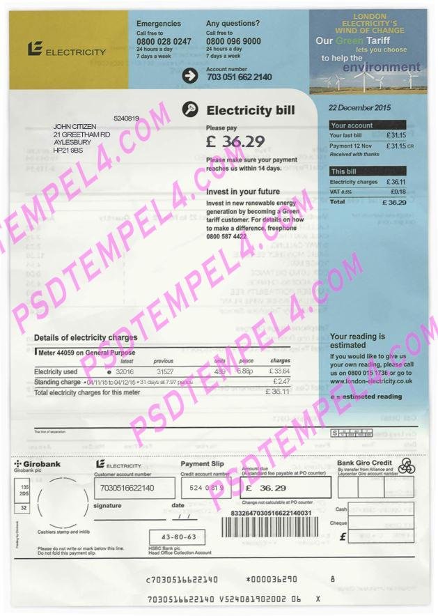 UK United Kingdom British Electricity PSD utility bill