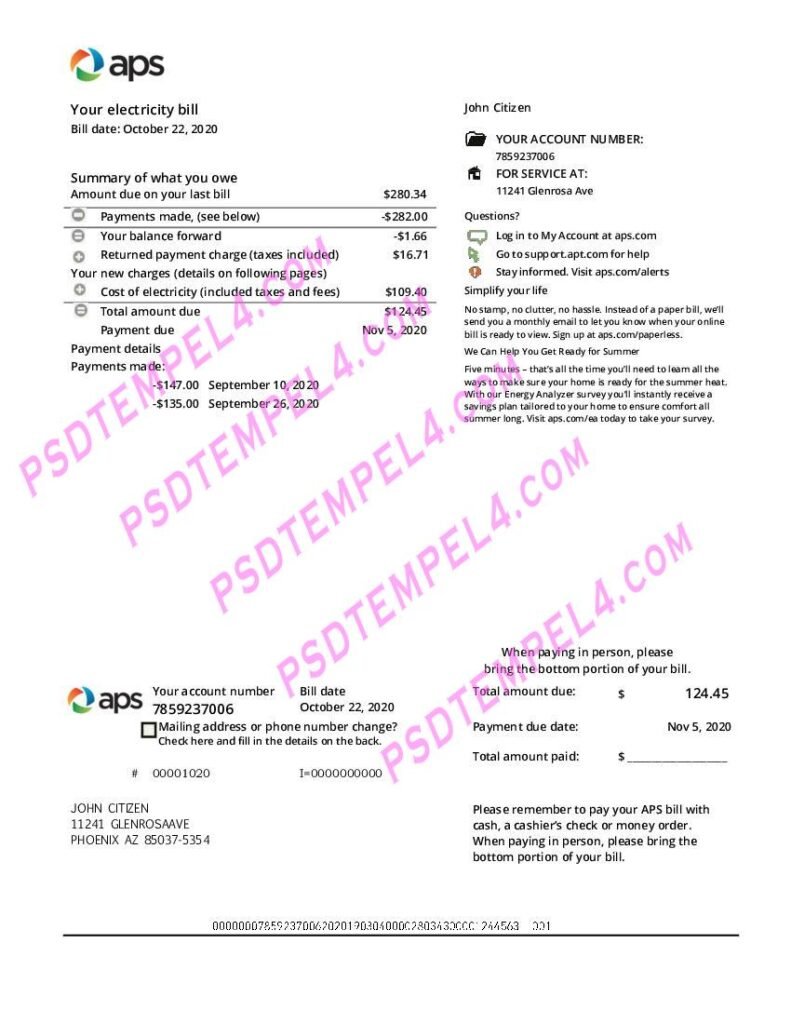 USA Arizona APS electricity utility bill