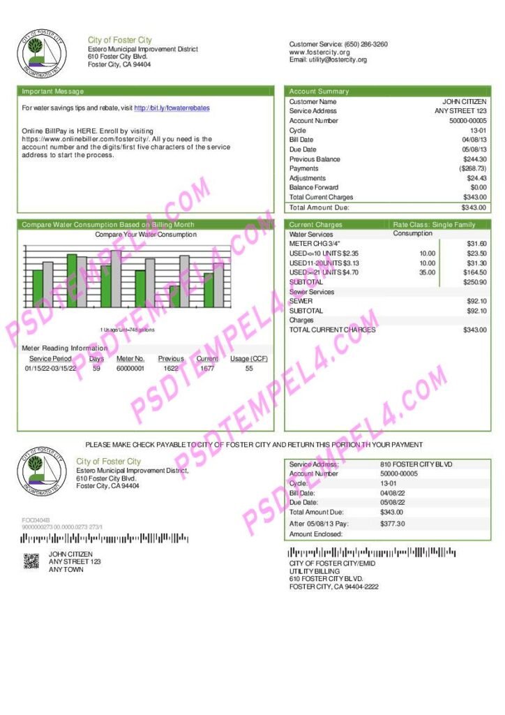 USA California City of Foster City utility bill