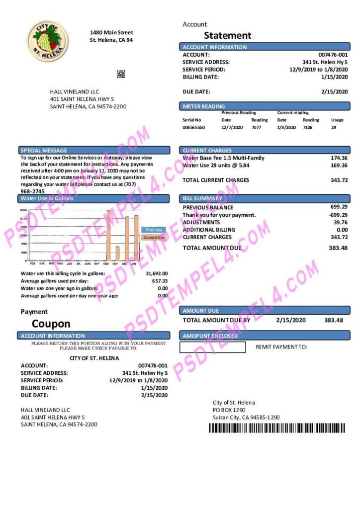 USA California City of St Helena utility bill