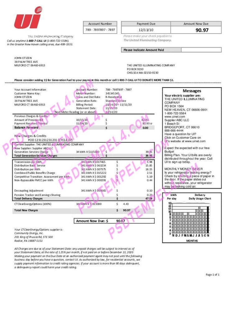 USA Connecticut The United Illuminating Company electricity utility bill