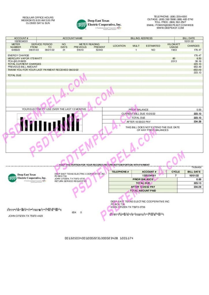 USA Deep East Texas Electric utility bill