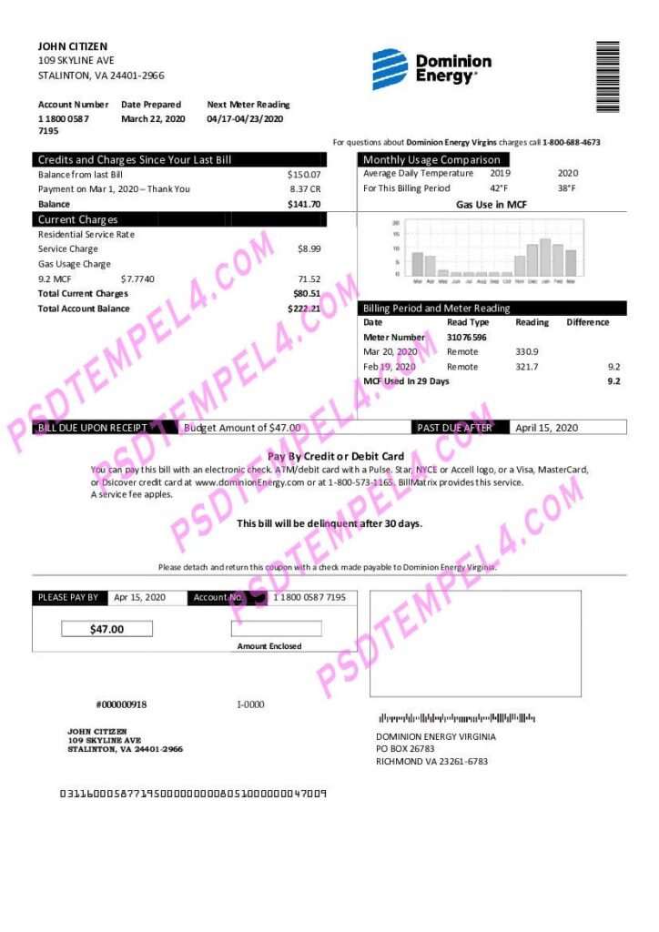 USA Dominion Energy utility bill