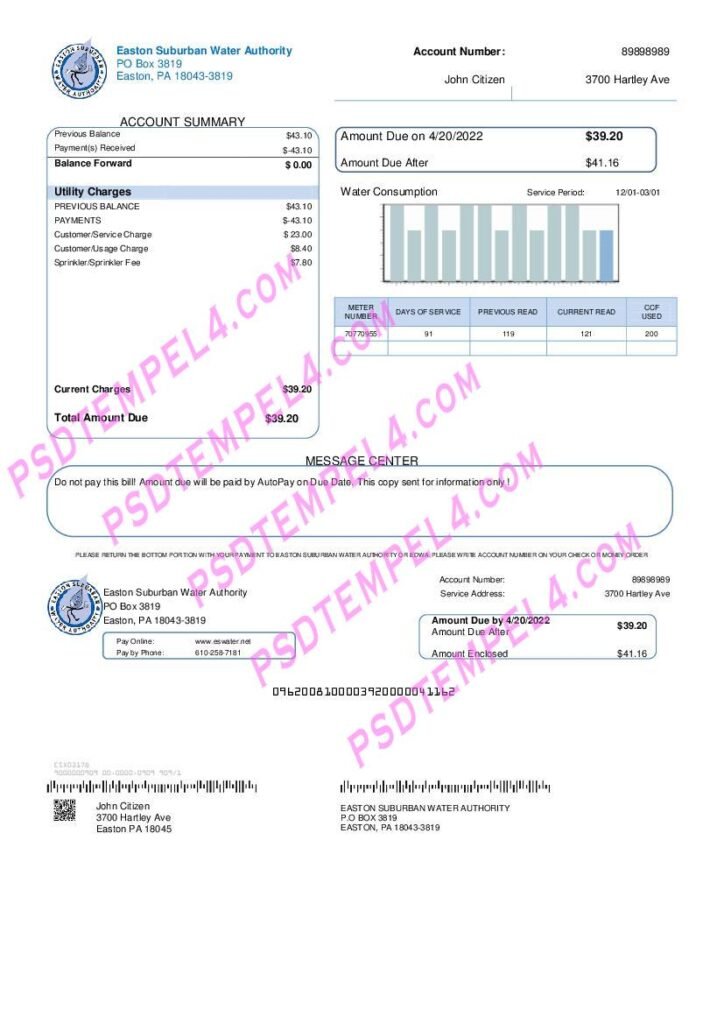 USA Eastern Suburban Water Authority utility bill