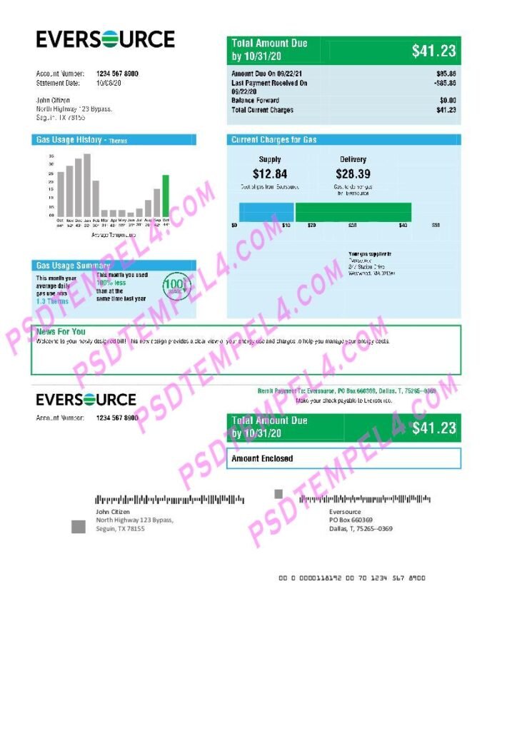 USA Eversource gas utility bill