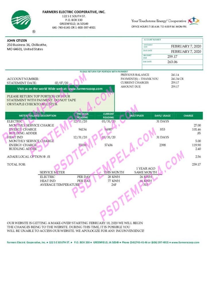 USA Ohio Farmers Electric Cooperative utility bill V1