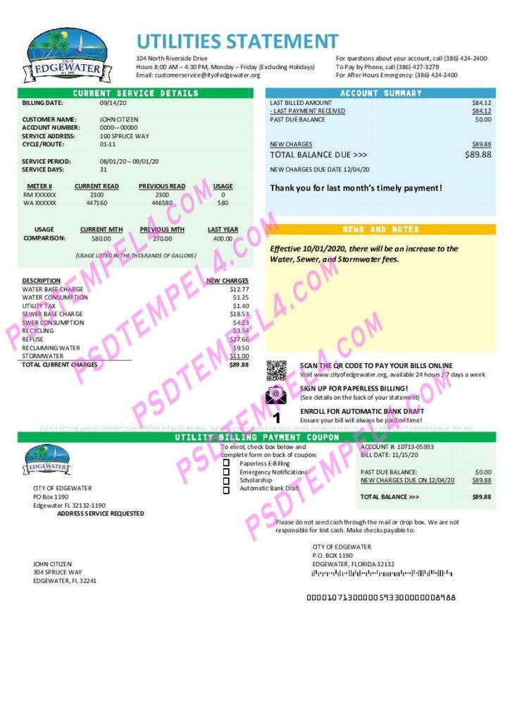 USA Florida City of Edgewater utility bill