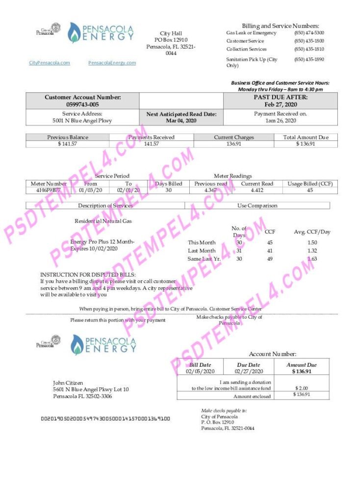 USA Florida Pensacola Energy utility bill