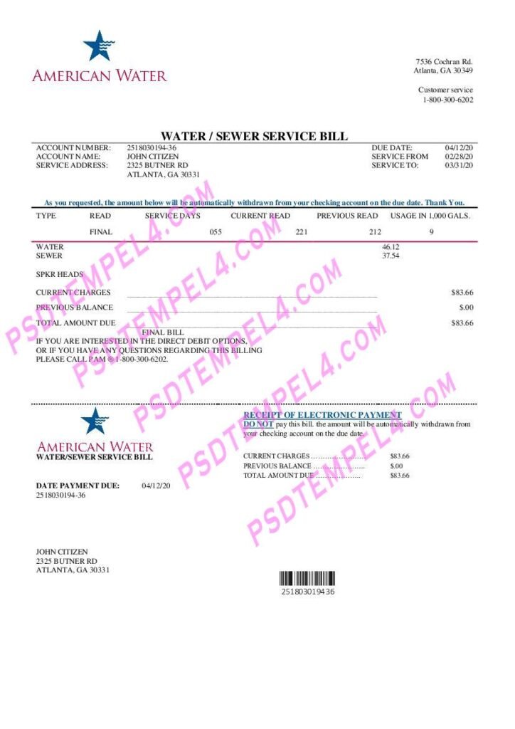 USA Georgia American Water utility bill
