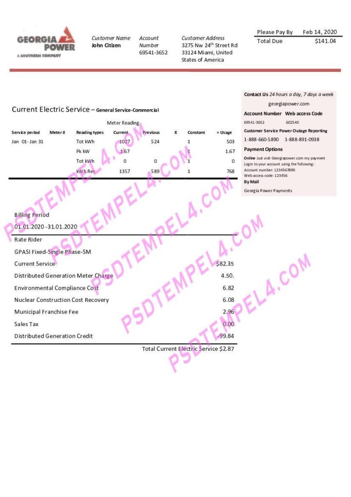 USA Georgia Power utility bill