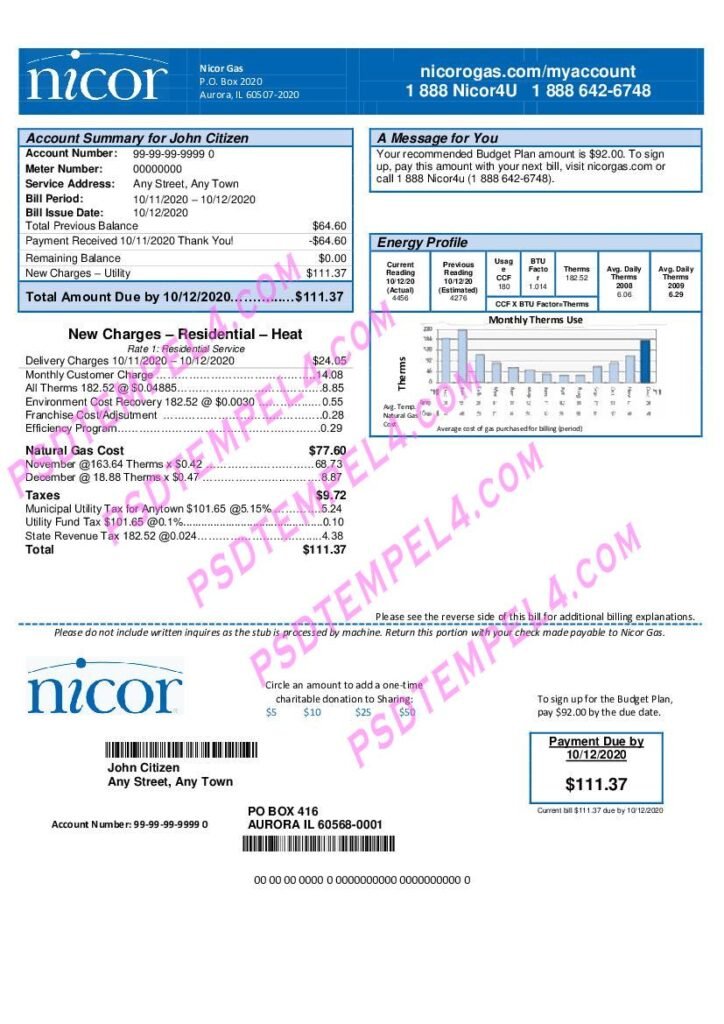 USA Illinois Nicor gas utility bill