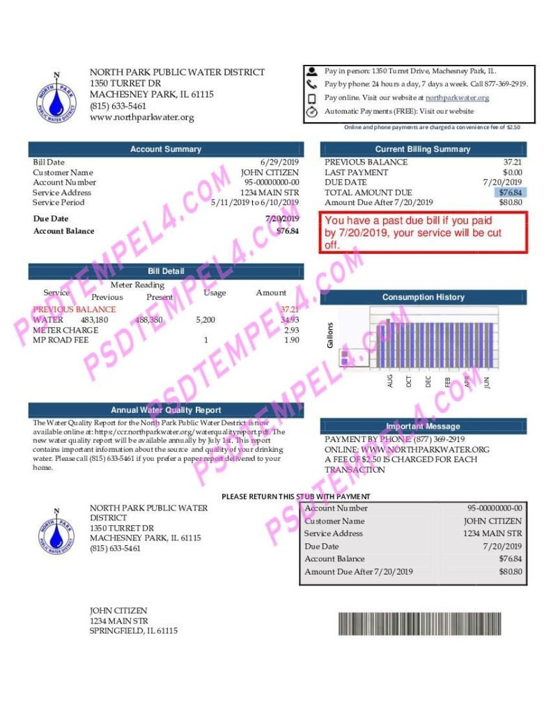 USA Illinois North Park Public Water District IL utility bill