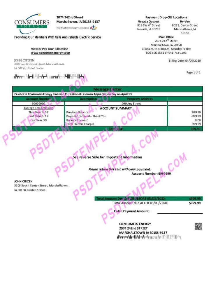 USA Iowa Consumers Energy utility bill