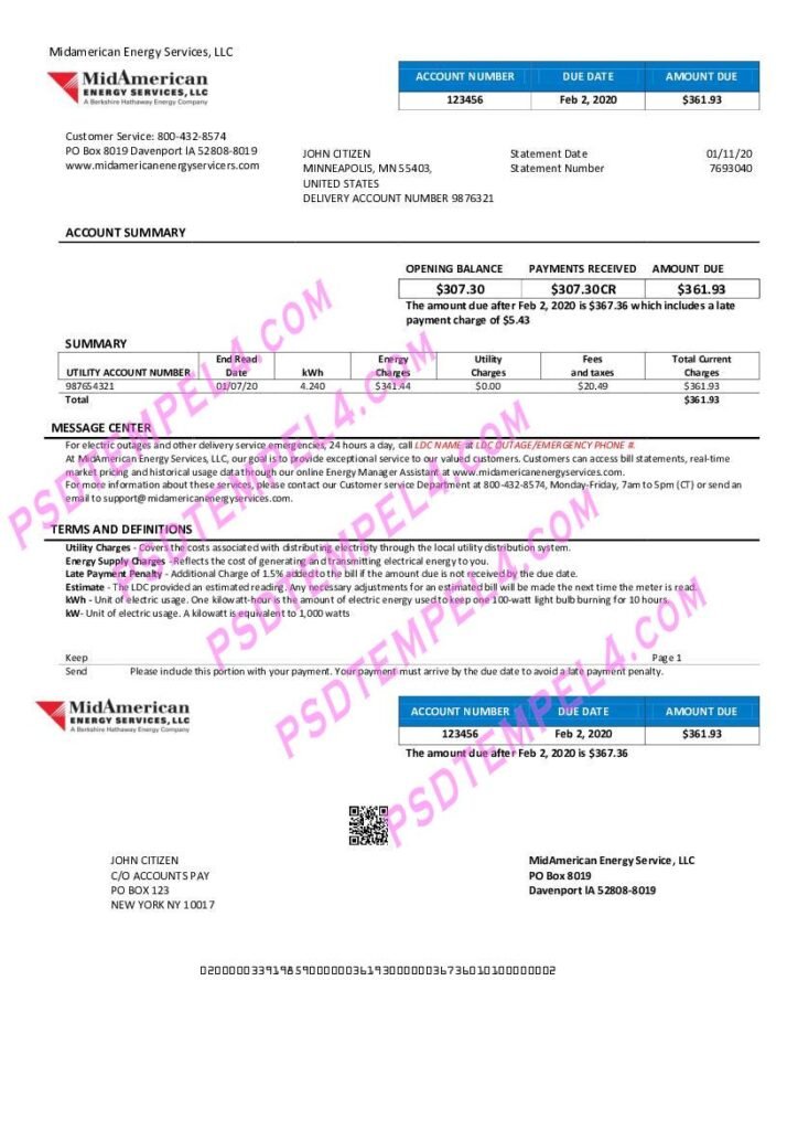USA Iowa MidAmerican Energy Services utility bill