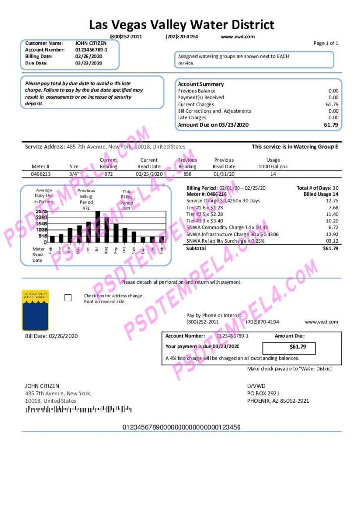 USA Las Vegas Valley Water District (LVVWD) utility bill
