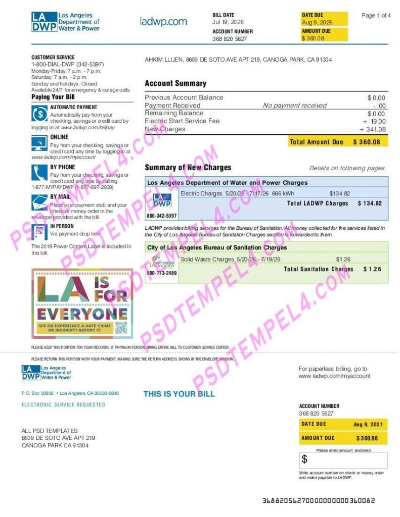 USA LA DWP utility bill 4pages