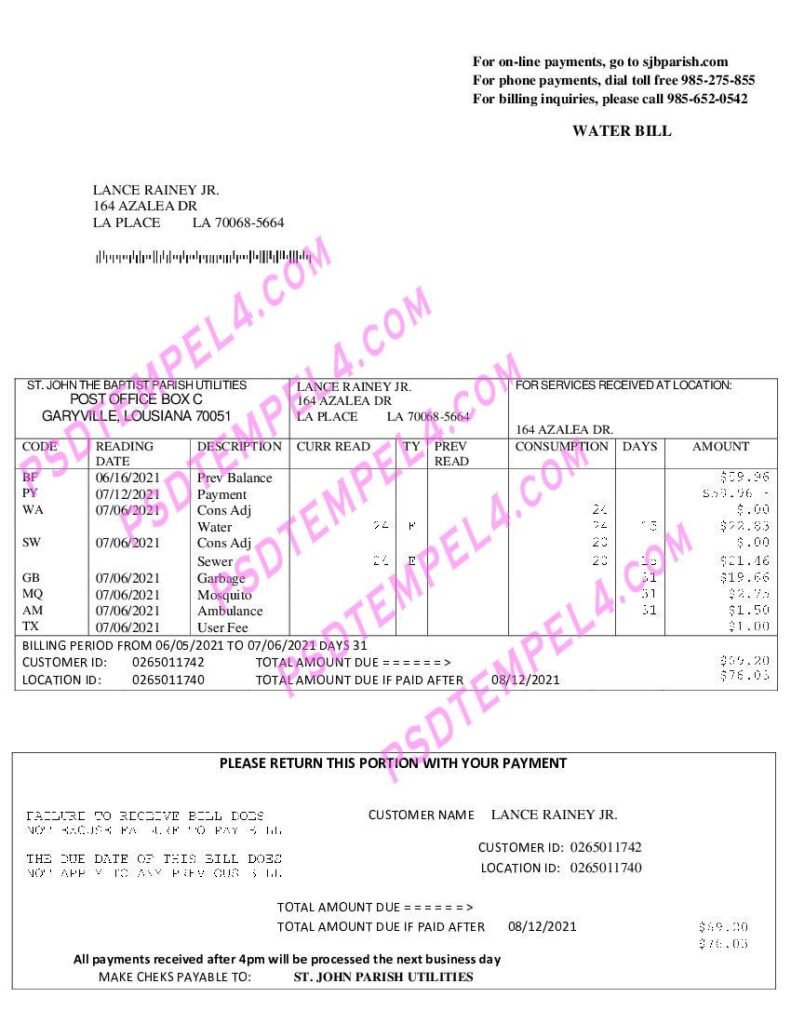 USA Louisiana St. John the Baptist Parish water utility bill