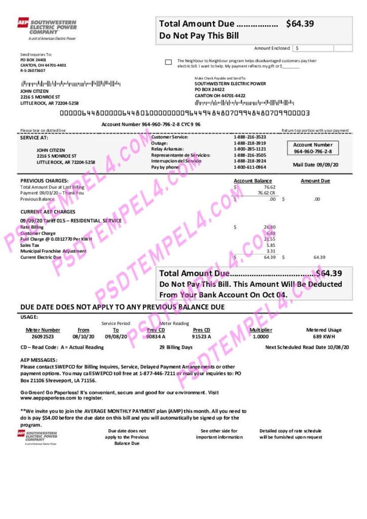 USA Louisiana AEP (Southwestern Electric Power Company) electricity utility bill