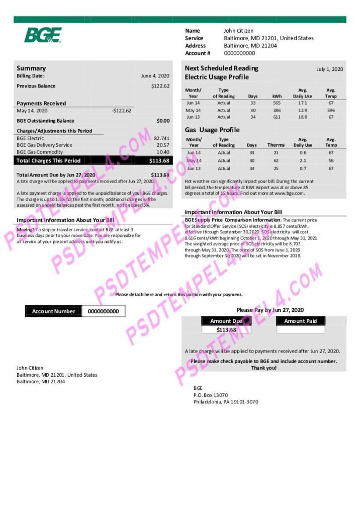 USA Maryland BGE gas and electric utility bill