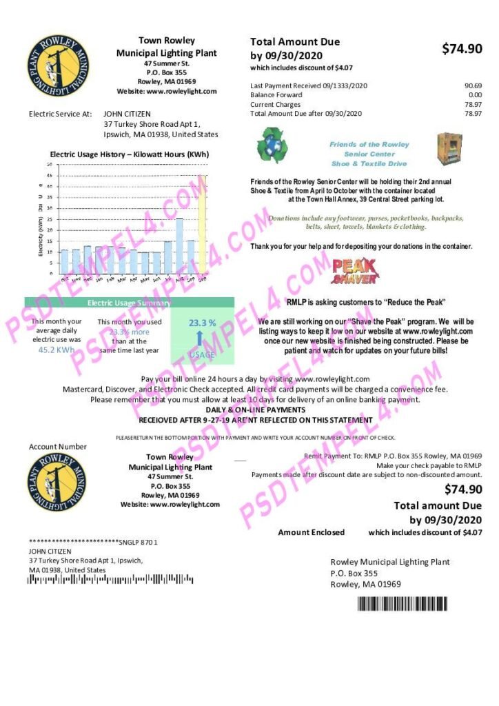 USA Massachusetts Town of Rowley Municipal Lighting Plant electricity utility bill