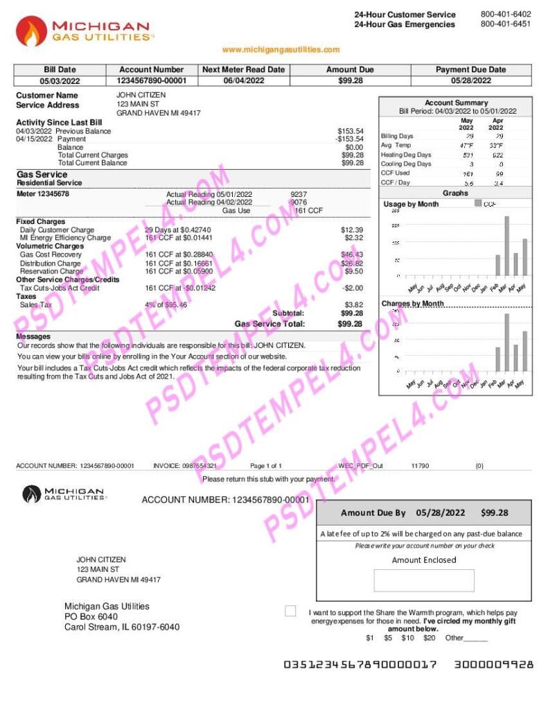 USA Michigan gas Utilities V2 utility bill