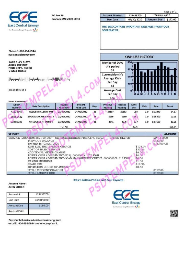 USA Minnesota East Central Energy utility bill