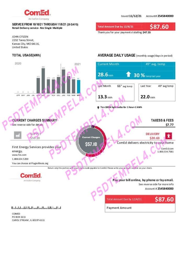 USA Missouri ComEd Electricity utility bill